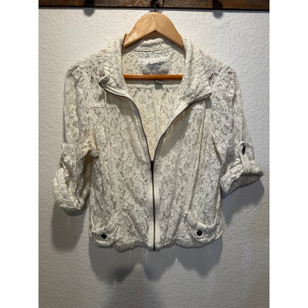 American Rag Womens XL Ivory Floral Lace Zip Up Bomber Jacket Short Sleeve Cream - Picture 7 of 15